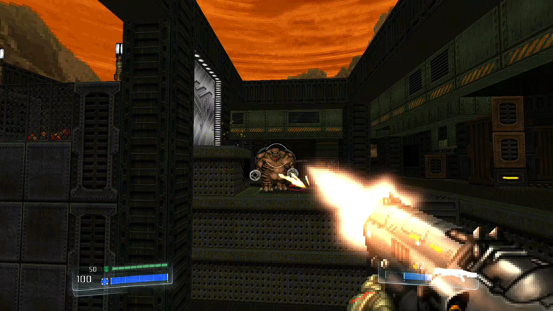 In-game screenshot showing player shooting a Mancubus enemy inside a dark industrial area with an orange sky in Embers Of Armageddon mod