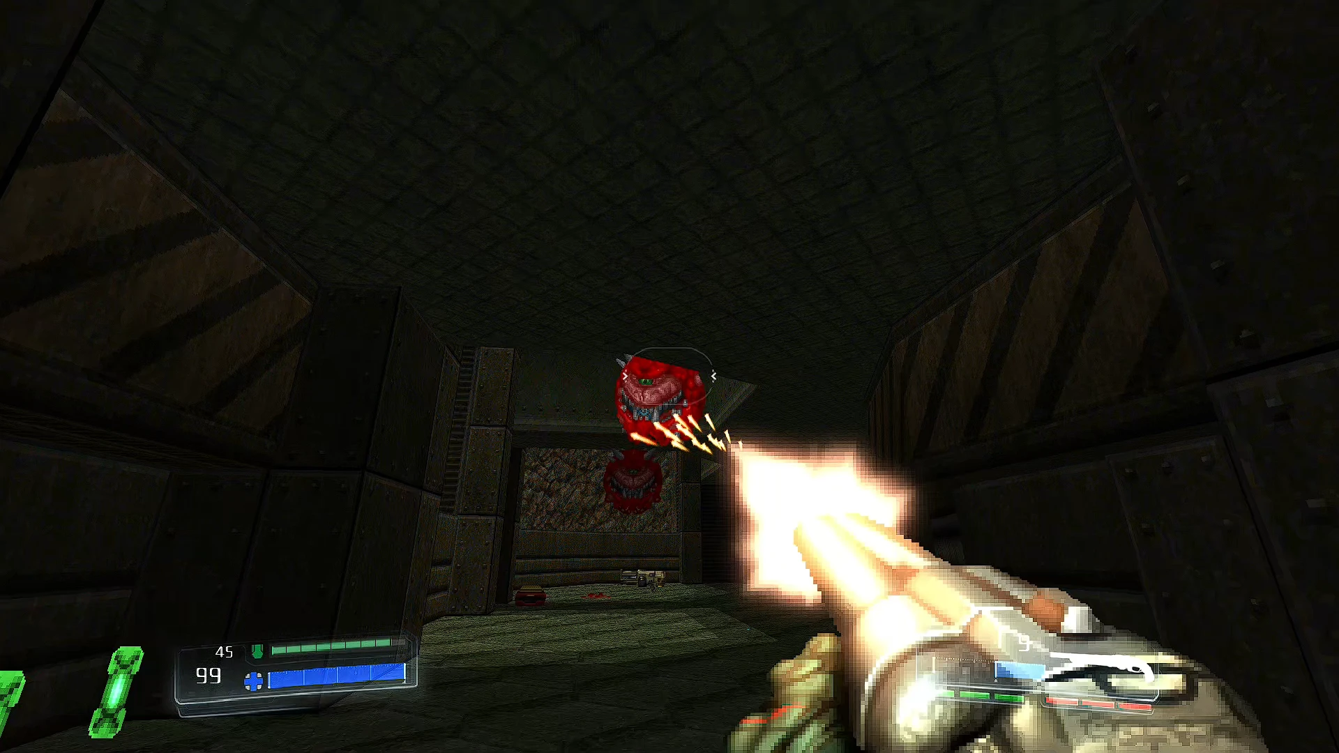 First-person view shooting a flying red imp demon in a dark industrial corridor in Doom 1993 mod Embers Of Armageddon