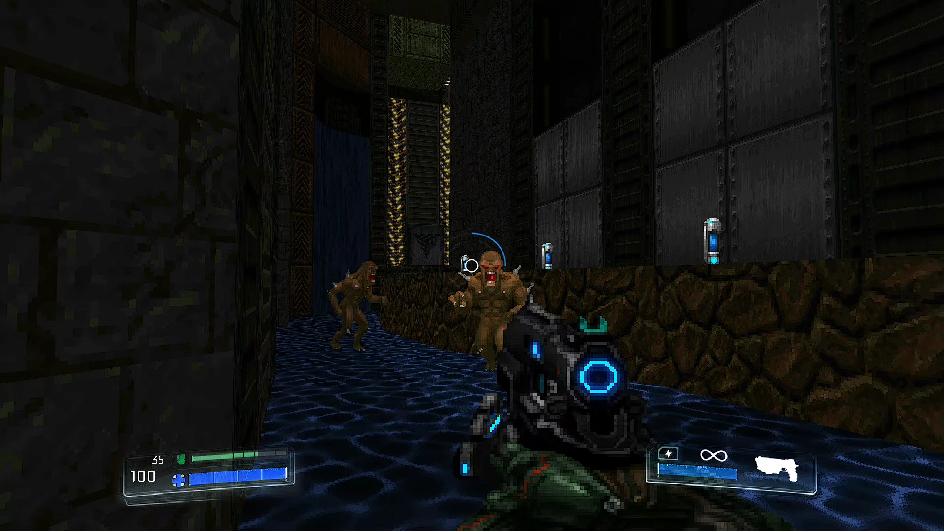 Player aiming futuristic weapon at two attacking cyber demons in a dark industrial level of Doom 1993 mod Embers Of Armageddon
