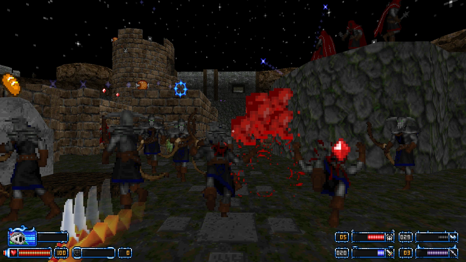 Spielszene des Doom 1993 Mods GMOTA mit Bogenschützen in mittelalterlicher Rüstung bei Nacht