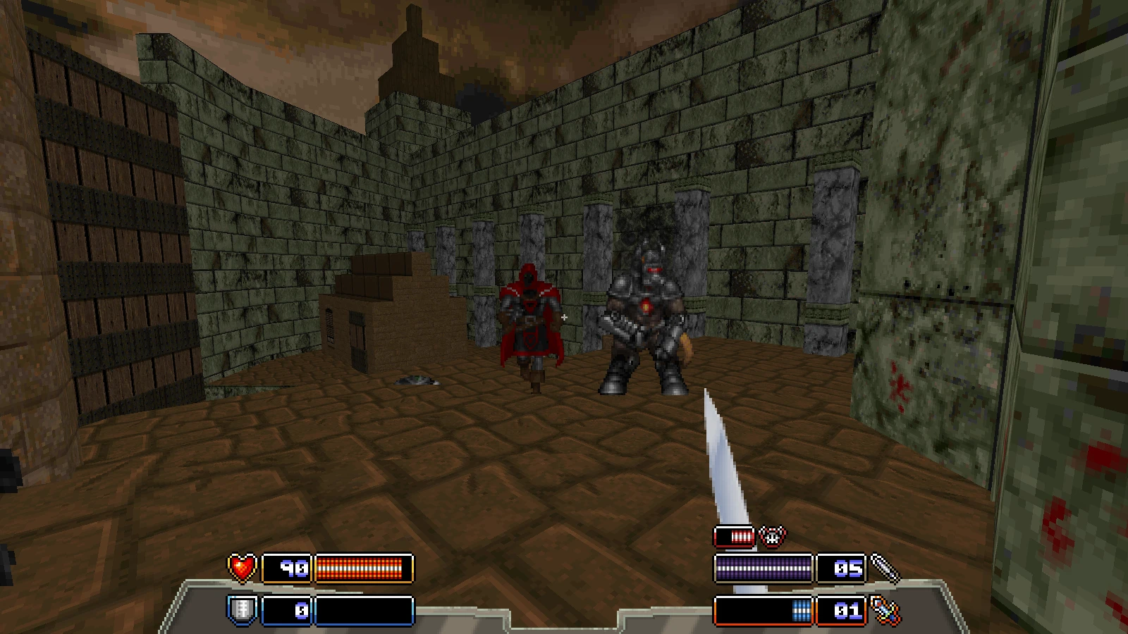 Screenshot des Doom 1993 Mods GMOTA mit zwei mittelalterlichen Rüstungsgegnern in Steinmauern und Spieler-HUD