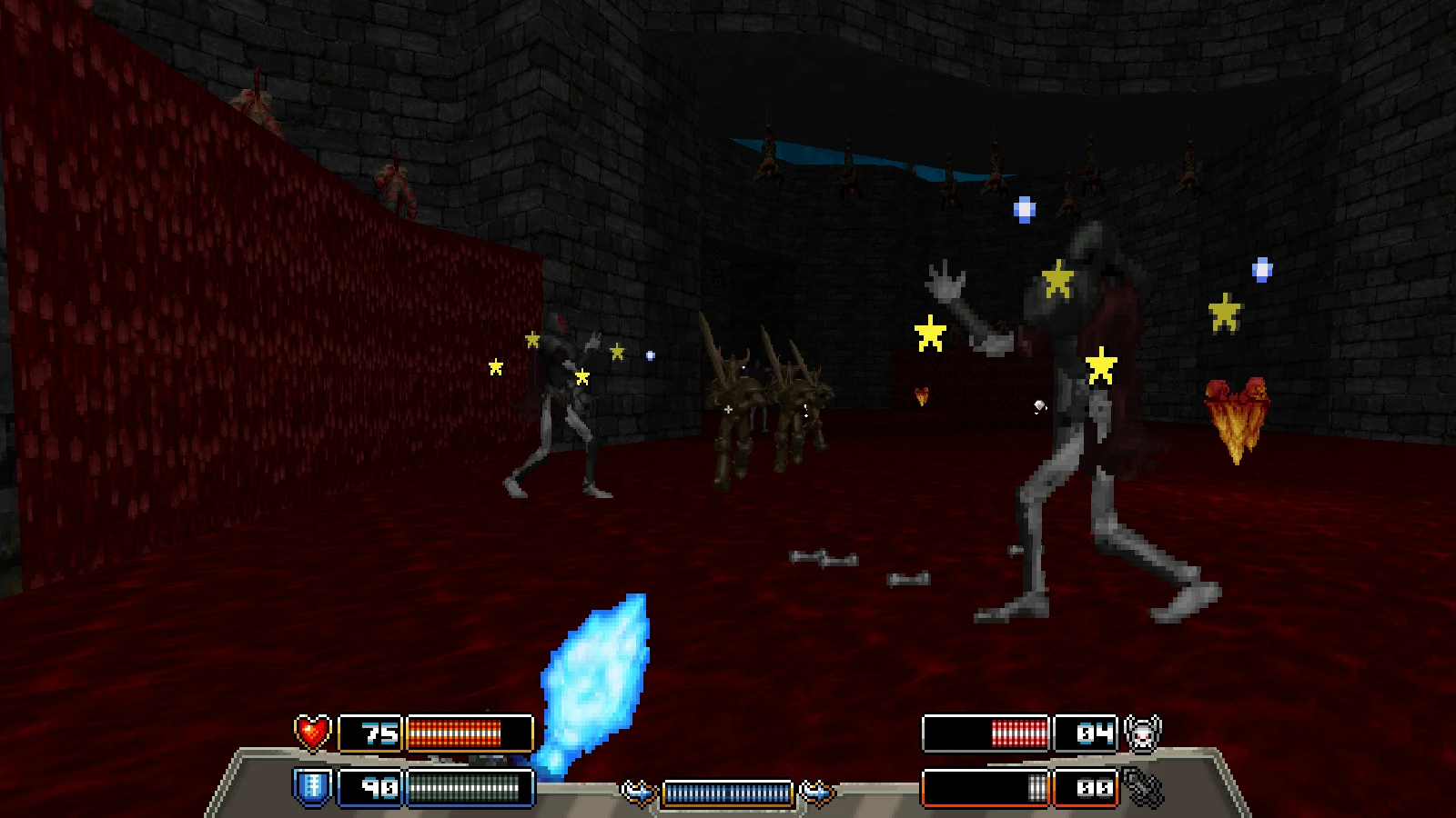 Spieler kämpft gegen mehrere Gegner in dunklem Burghintergrund mit rotem Boden und blauen Feuerball im Doom 1993 GMOTA Mod