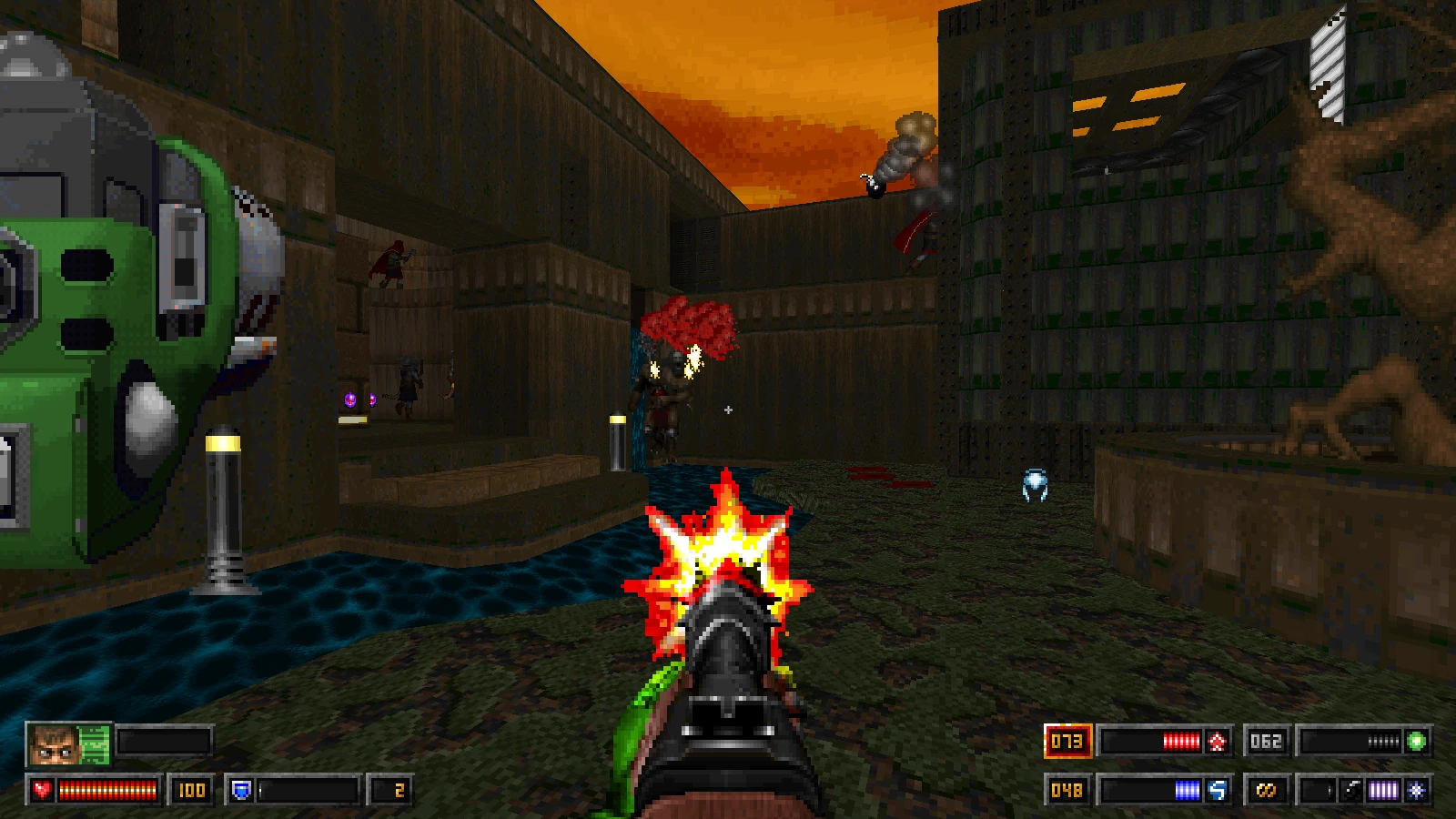 Erste-Person-Perspektive mit Maschinengewehrschuss in dunkler Industrieumgebung mit Feinden und HUD im Doom GMOTA Mod