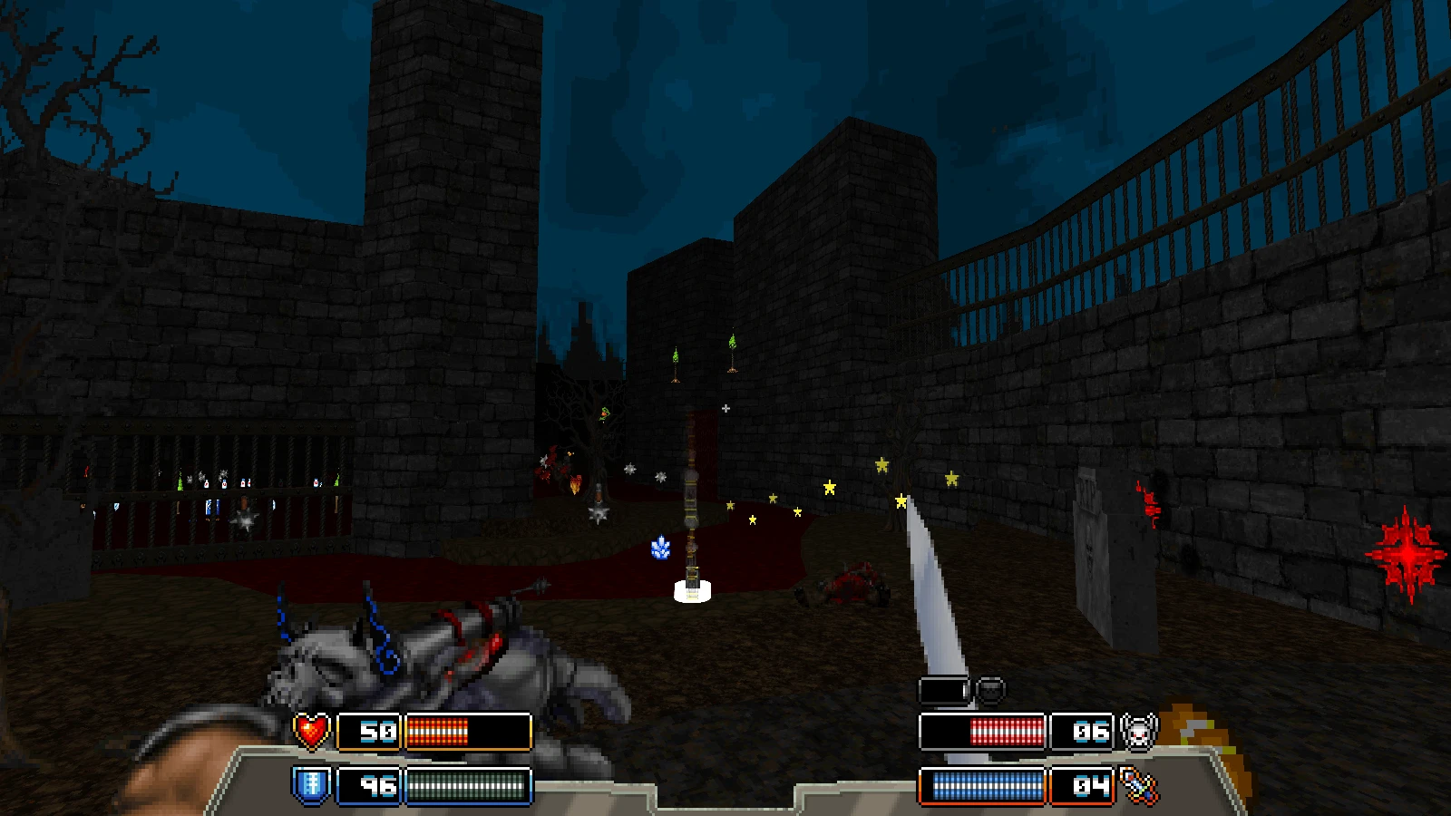 Erste-Person-Ansicht eines dunklen Steinburghofs mit leuchtenden Gegenständen und Statusleisten im GMOTA-Mod