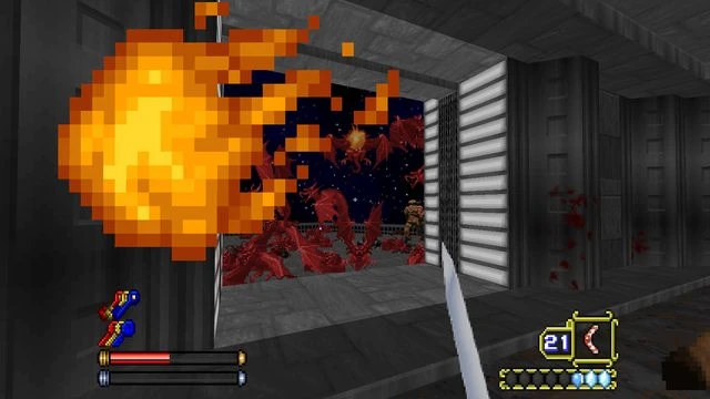 Spieler im Doom 1993 GMOTA-Mod verwendet Schwert und wirft großen Feuerball in einem Flur