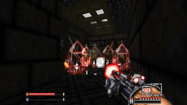 Spieler schießt mit Schrotflinte auf Feinde hinter magischen Barrieren in einem dunklen Steingebäude im Doom 1993 GMOTA Mod