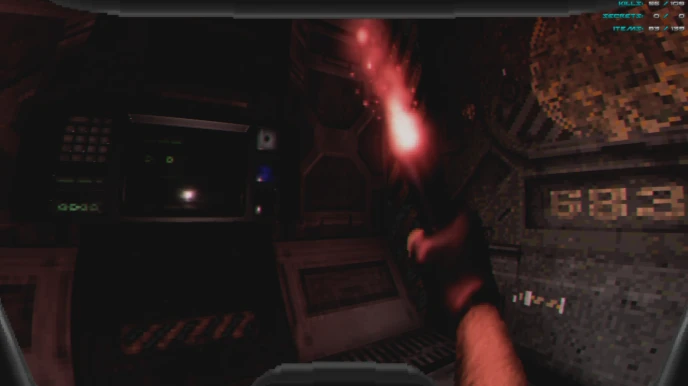 Escena oscura en el juego con una mano disparando un arma con destello brillante en Doom 1993 mod Live Through DOOM