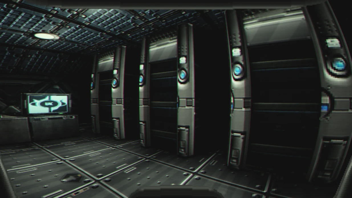 Sala técnica oscura en el mod Doom 1993 con paredes metálicas, puertas futuristas y pantalla con logo de UAC