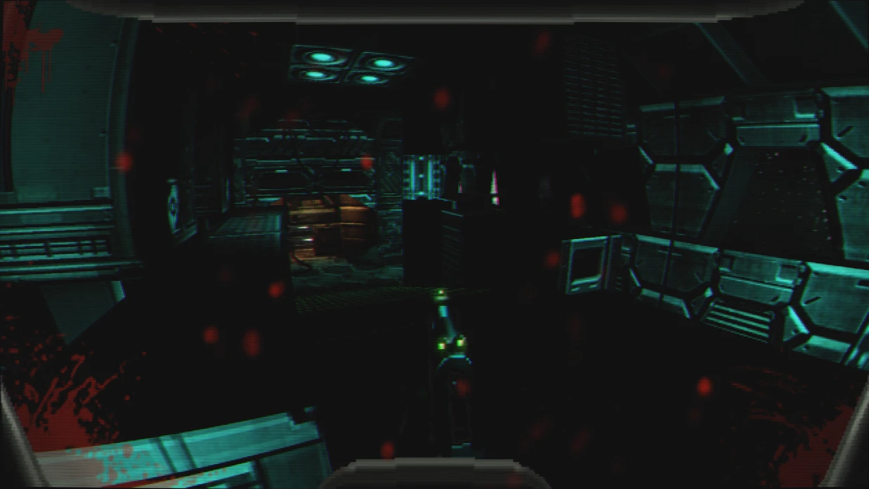 Vista en primera persona de un pasillo oscuro de ciencia ficción con arma futurista en mod Live Through DOOM