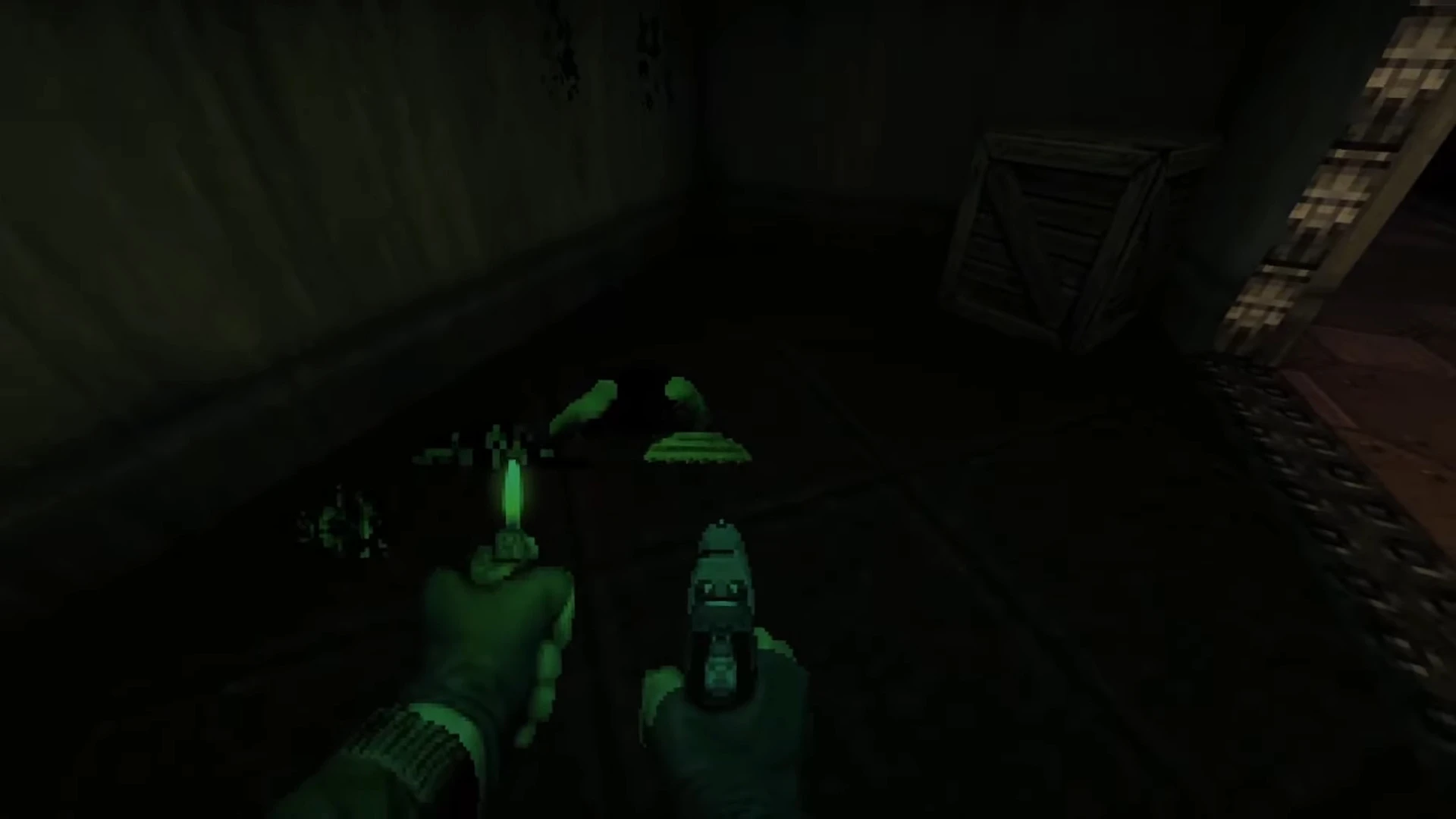 Player holding a pistol and glowing knife inside a dimly lit room with crates in Doom 1993 mod