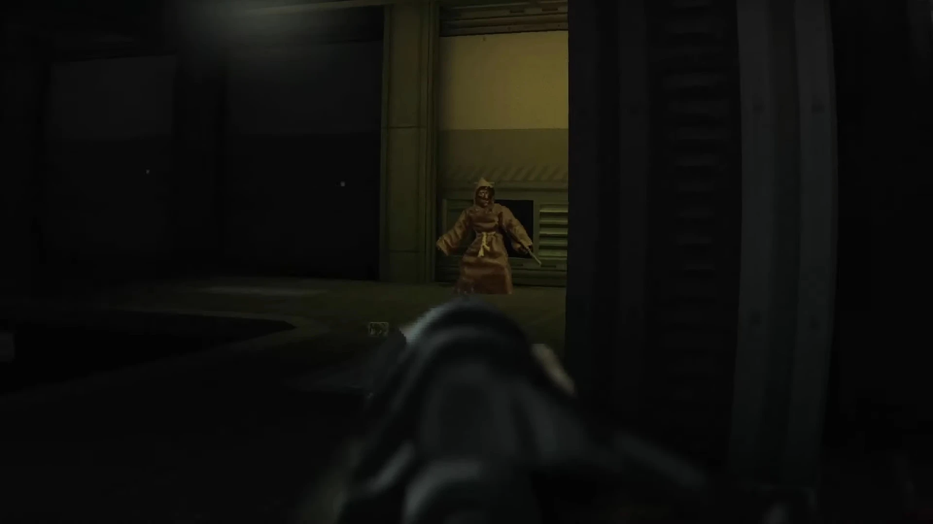 Player aiming shotgun at robed enemy in dark industrial setting in Doom 1993 mod Lost in Darkness