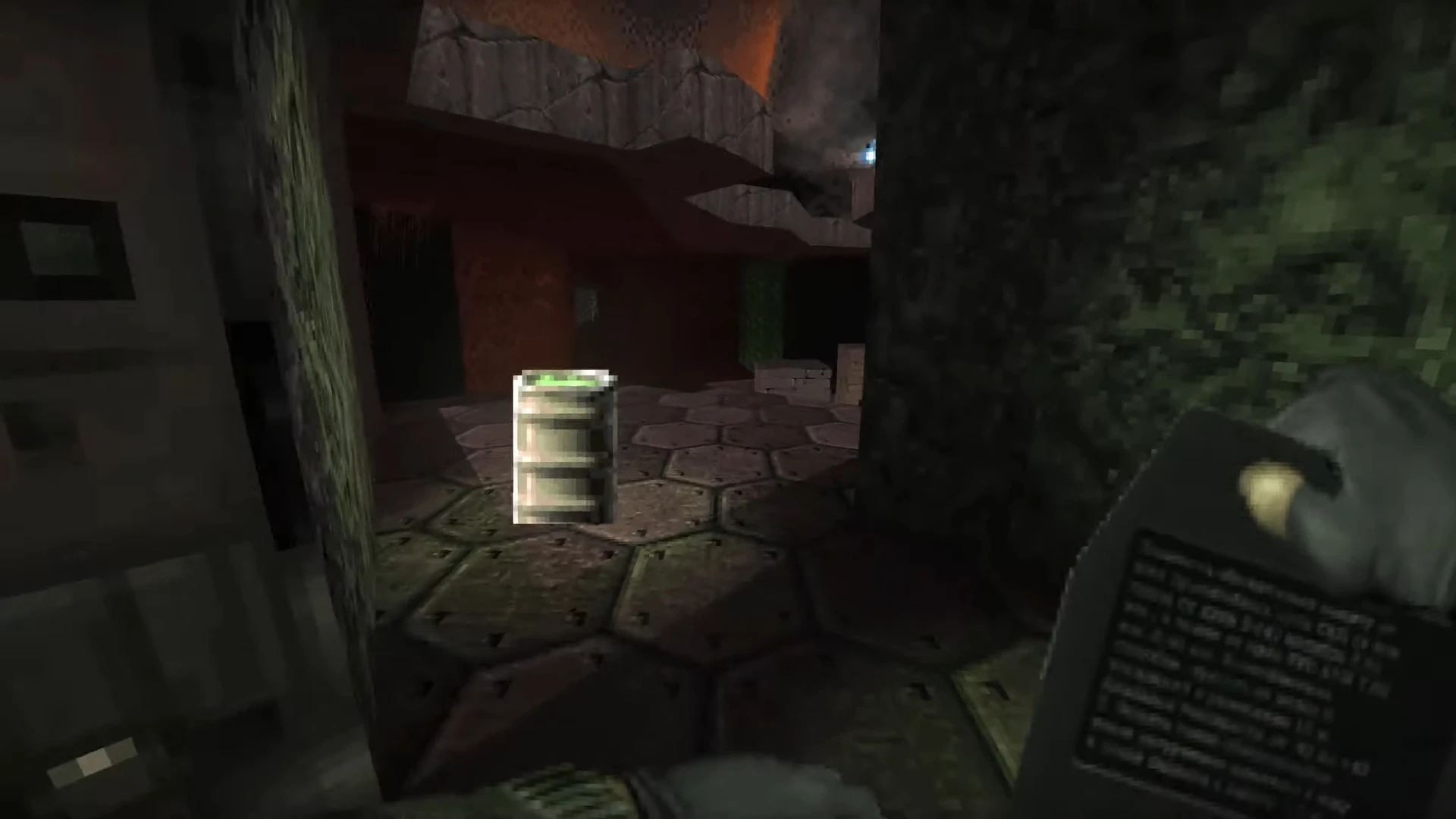 First-person view in Doom 1993 Lost in Darkness mod showing dimly lit hex tile floor and barrel