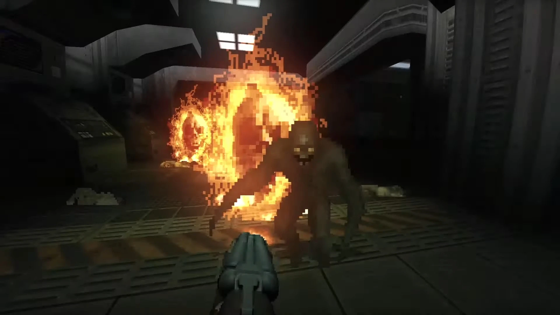 Gameplay of Doom 1993 Lost in Darkness mod showing a demon approaching through a fiery portal