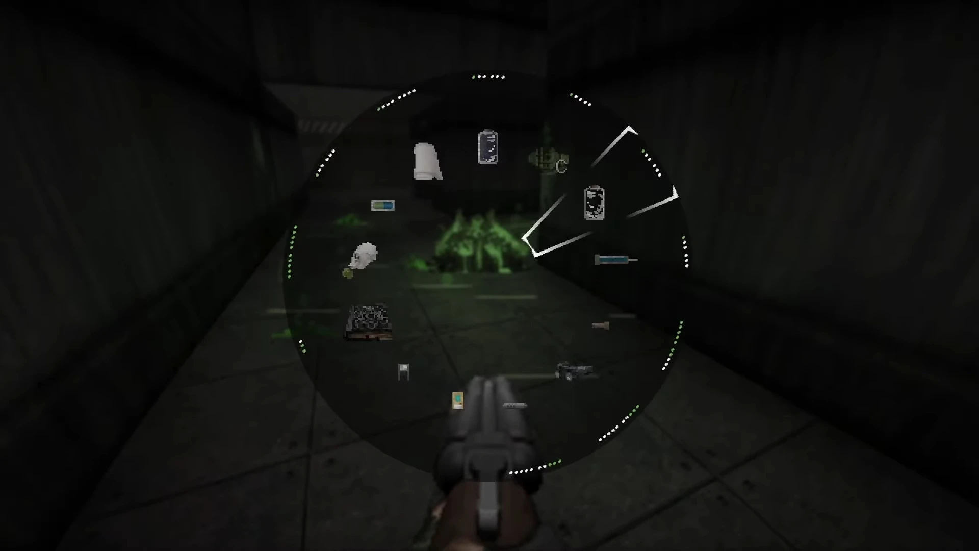 In-game screenshot showing player holding a shotgun with a weapon selection wheel and dark corridor in the Doom 1993 Lost in Darkness mod