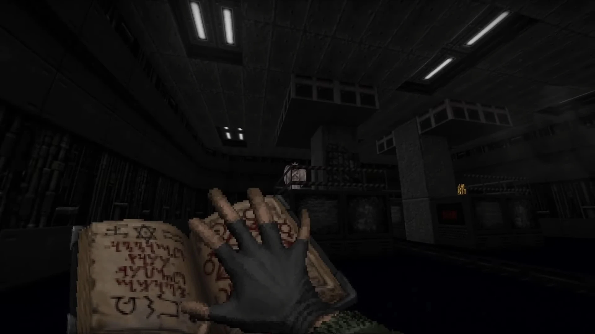 First-person view of a gloved hand holding an ancient spellbook inside a dimly lit sci-fi facility in Doom 1993 mod