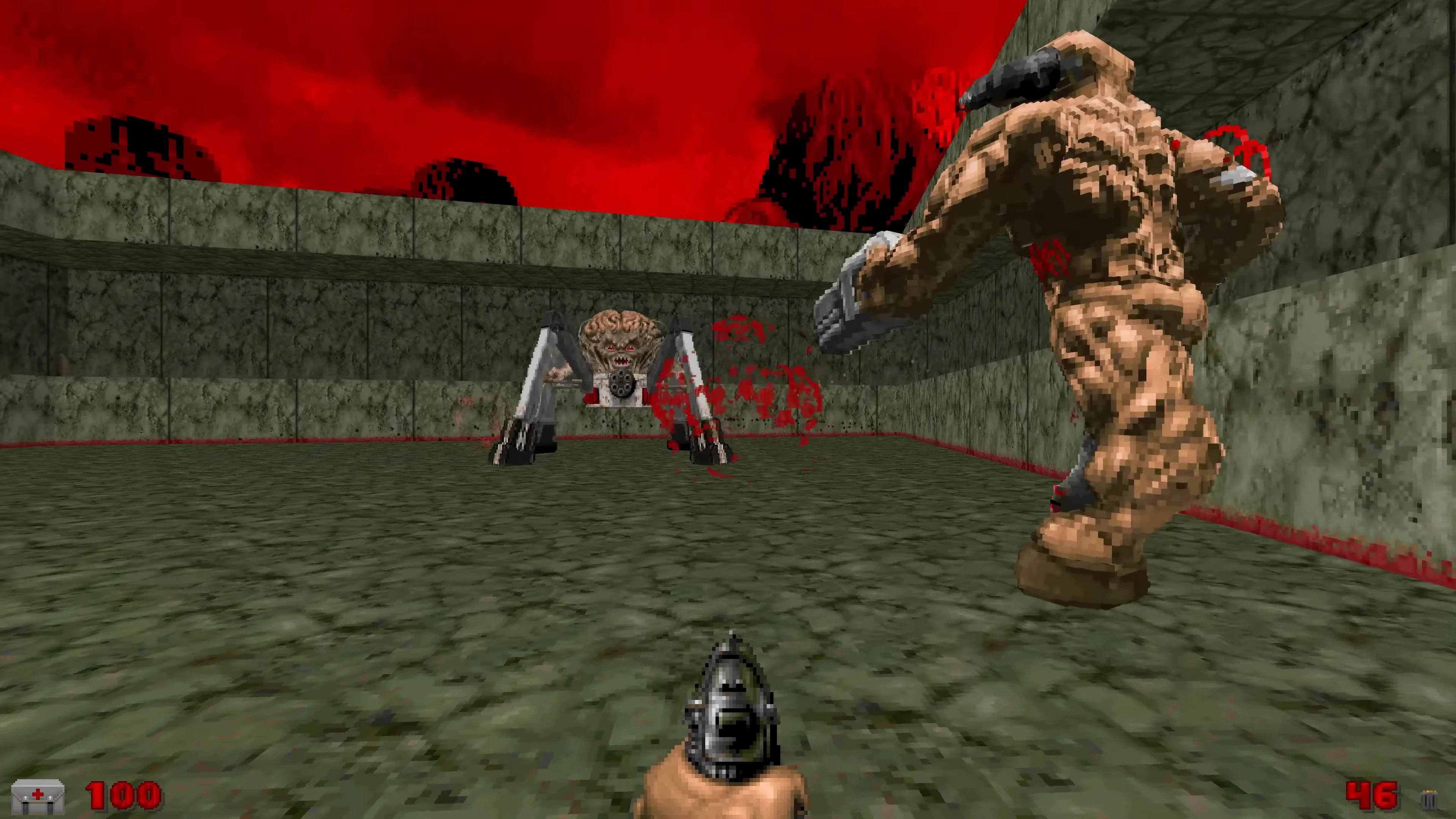 First-person view of Doom player facing voxel-style Cyberdemon and spider-like monster in a red-sky arena