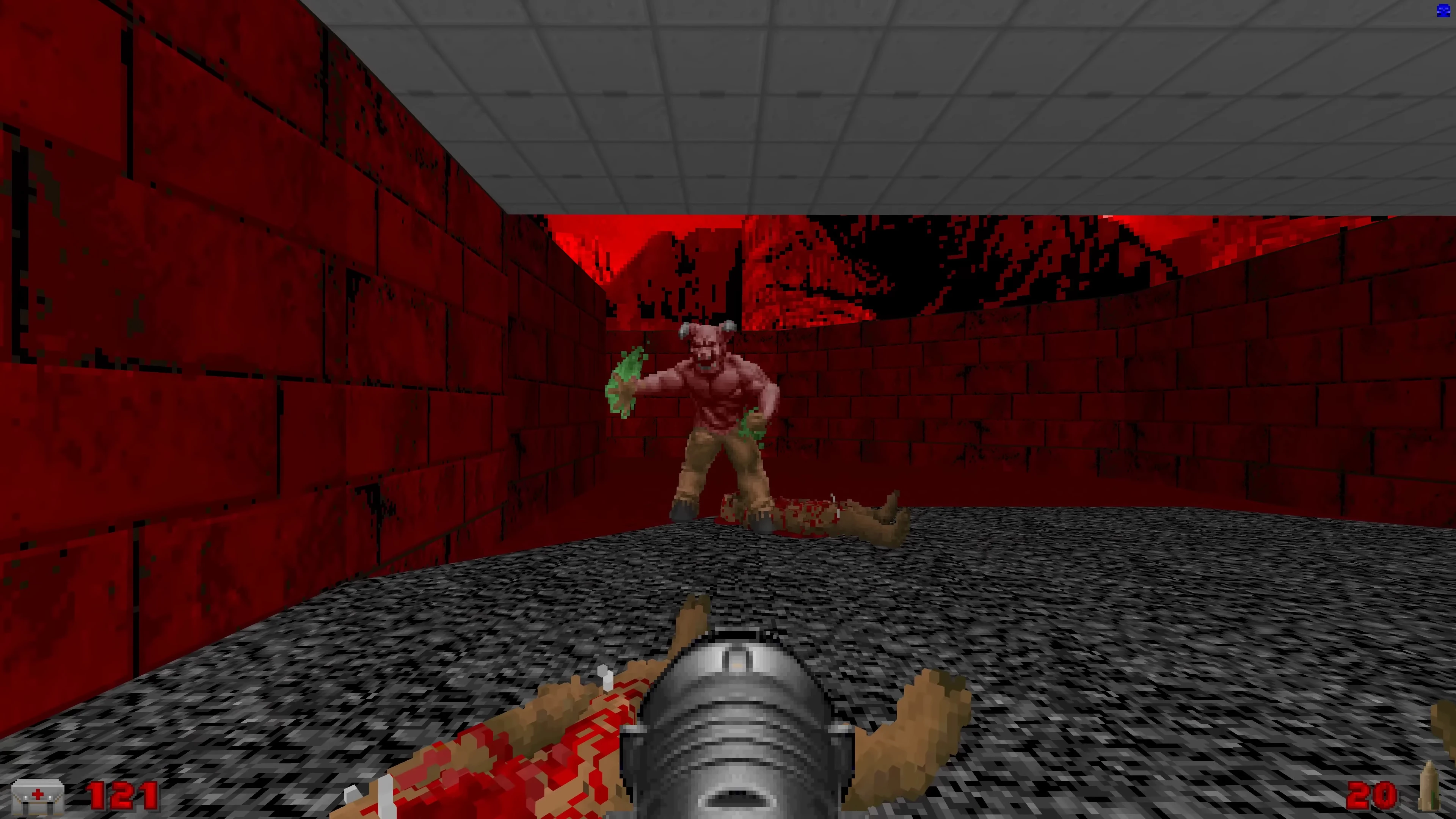 First-person view showing a demon attacking in red brick dungeon with a rocket launcher in Doom 1993 Voxel Doom mod