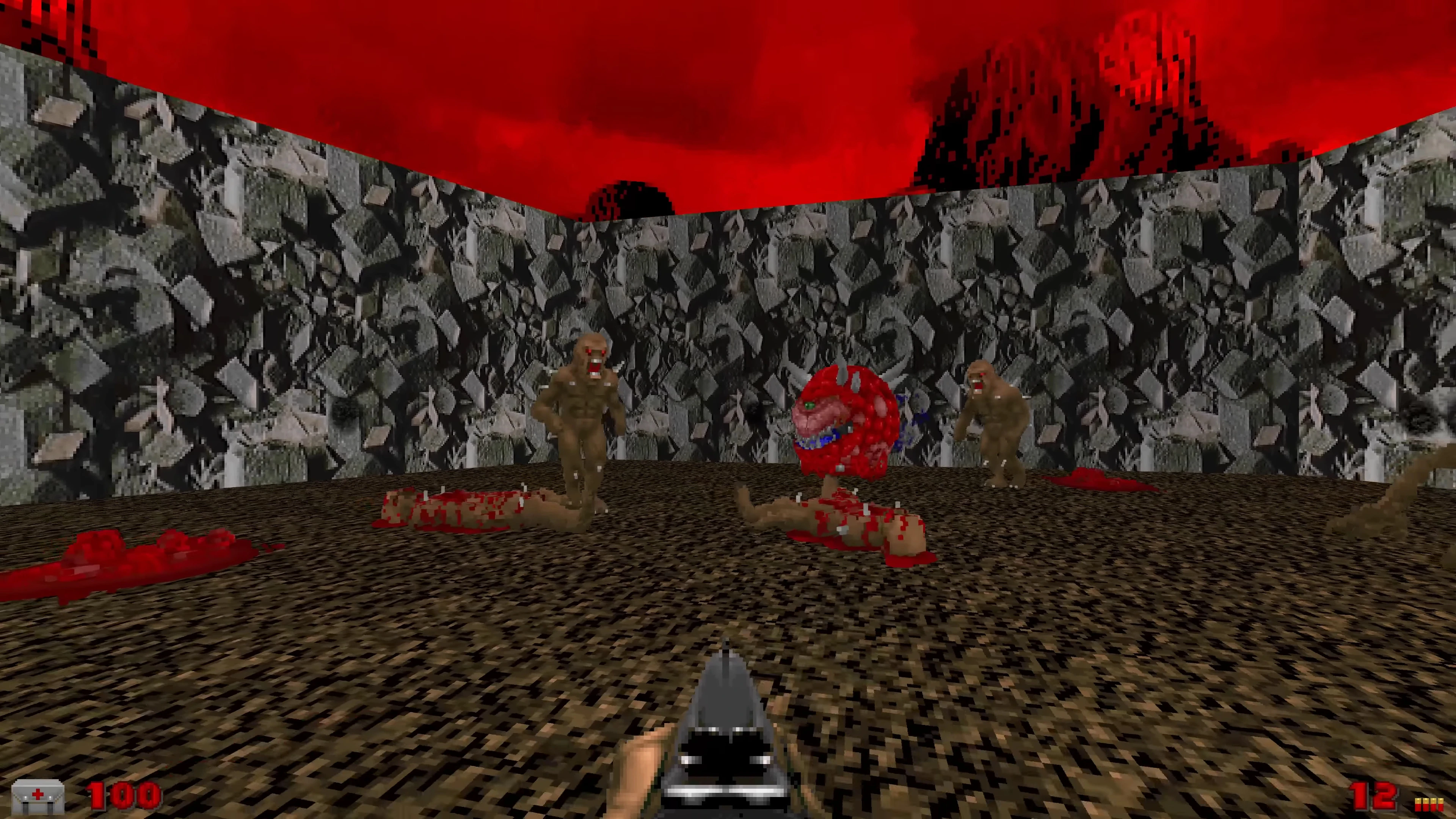First-person view of pixelated demons and a red sky in Doom 1993 Voxel Doom mod