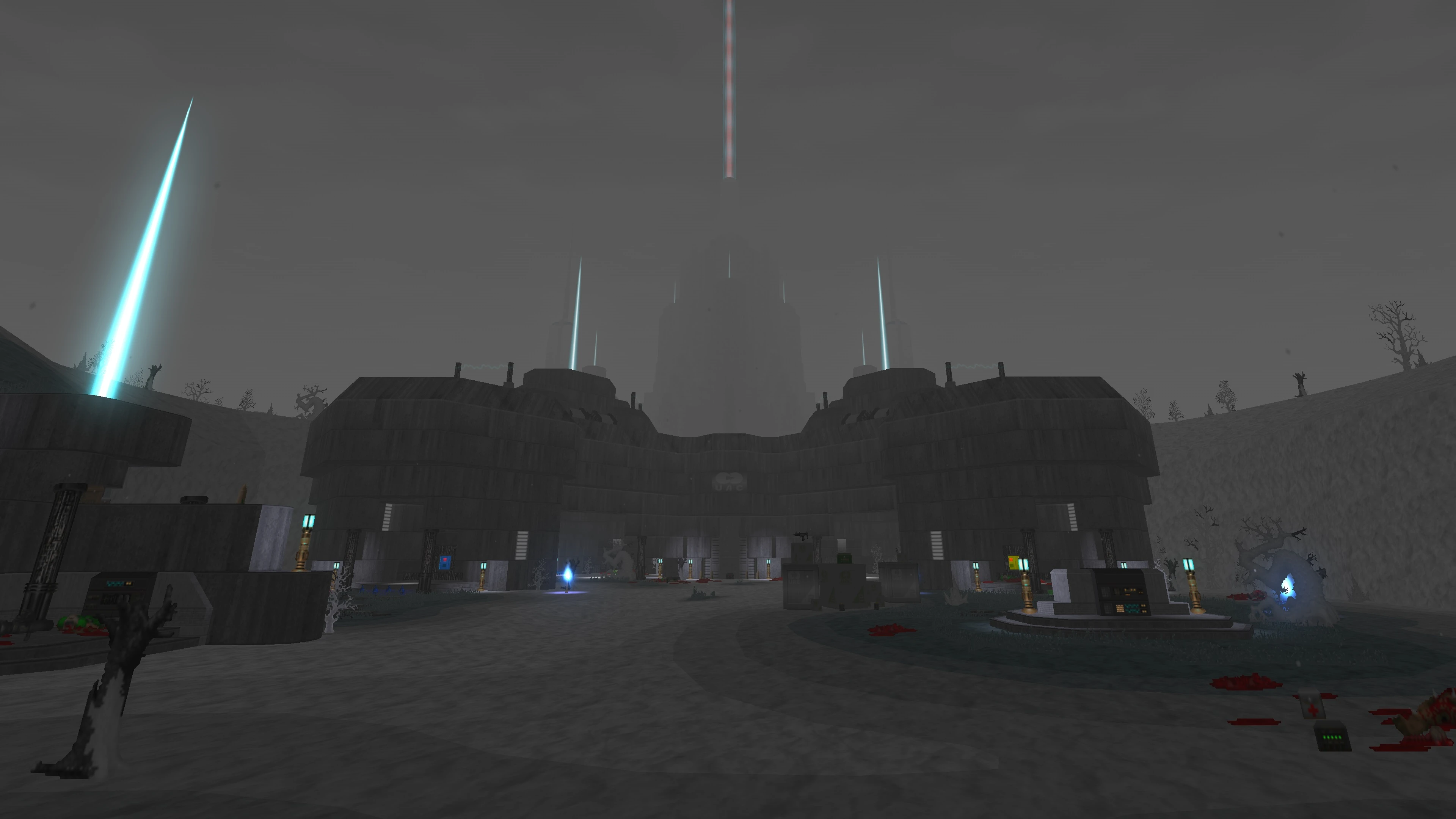 Туманний двір із темною фортецею та блакитними світними променями в моді Winter's Fury для Doom II 10-річчя