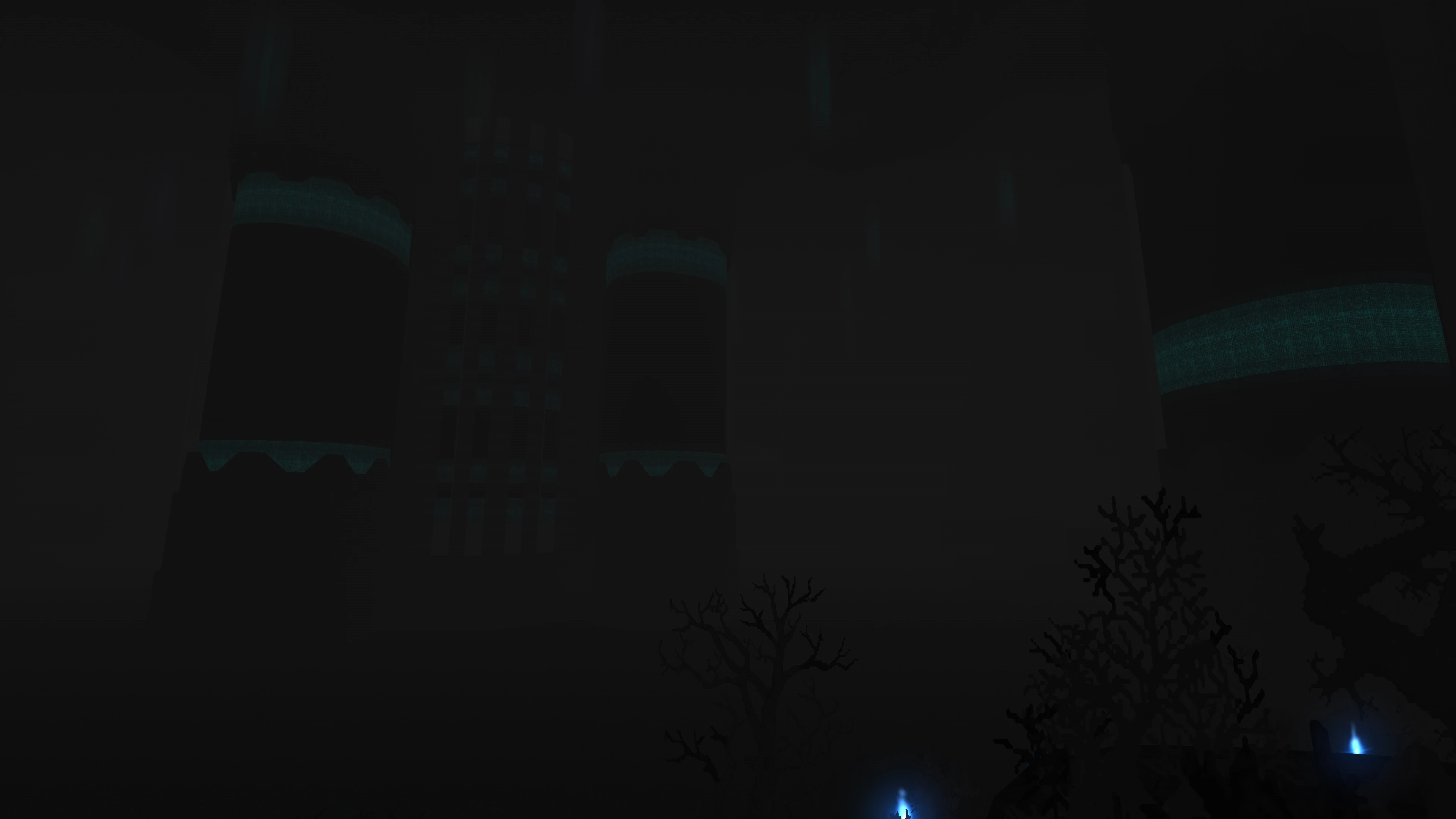 Темна сцена з високими футуристичними баштами з світяться синіми смугами та голими деревами на передньому плані