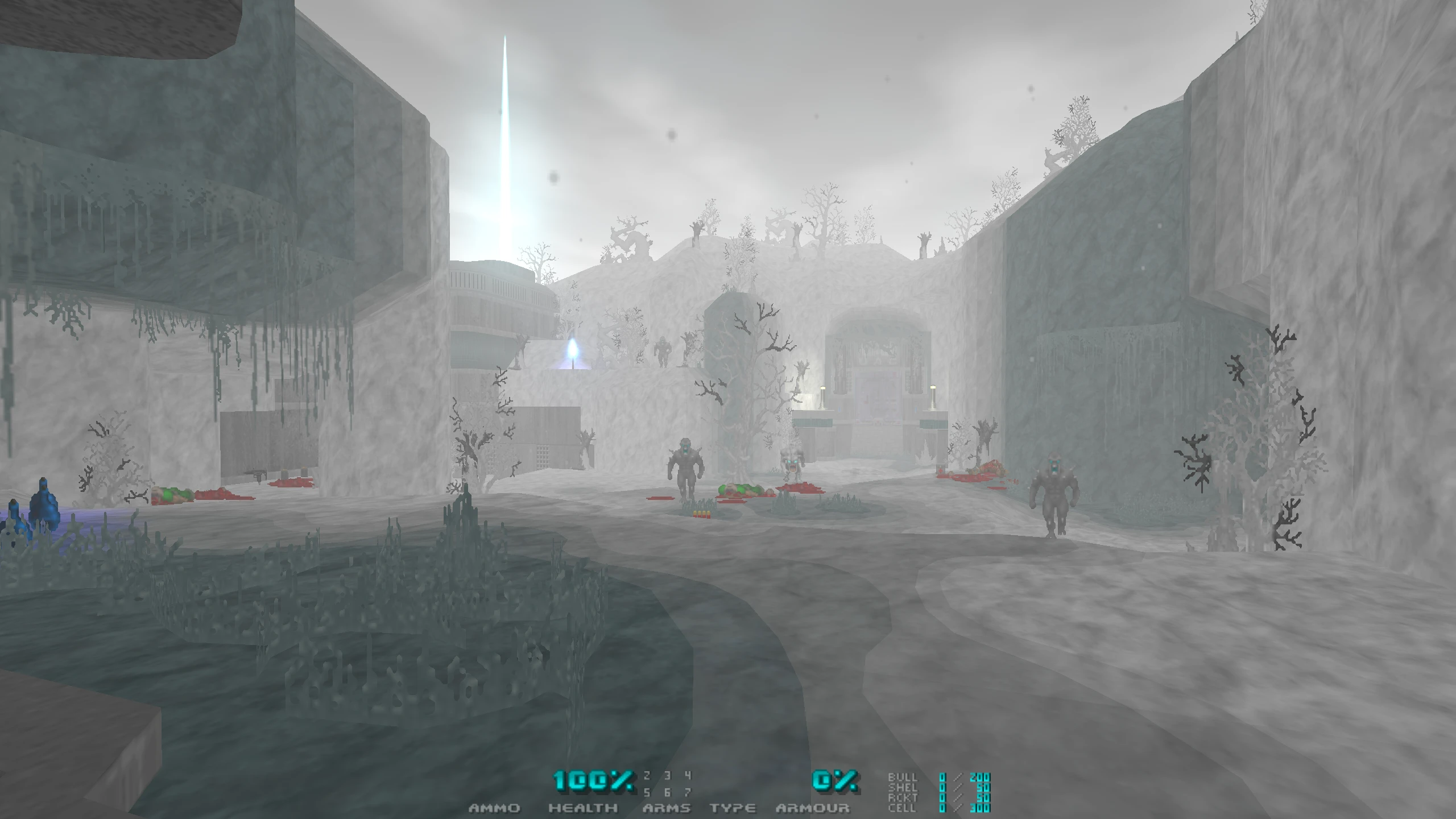 Скріншот Doom II з туманним зимовим середовищем, ворогами та боєприпасами на землі