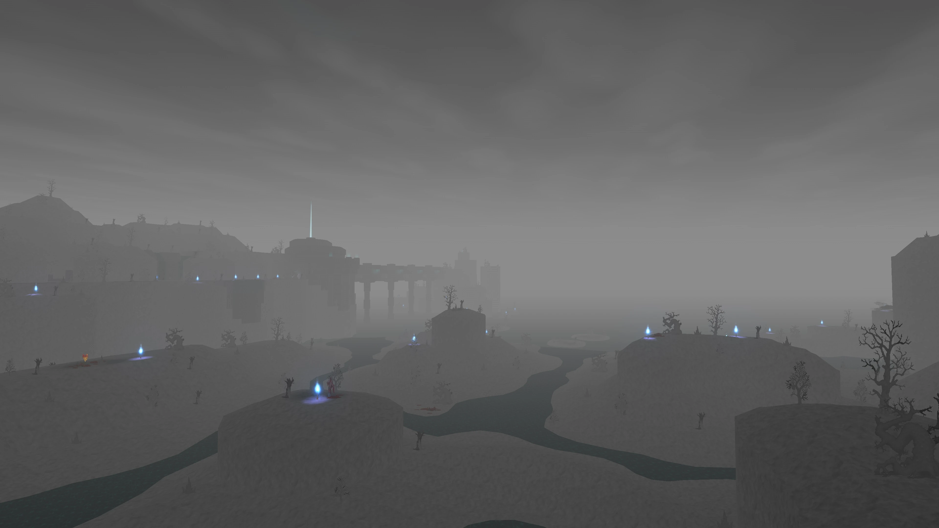 Туманний, моторошний пейзаж із синіми вогнями та голими деревами в моді Winter's Fury до 10-річчя Doom II