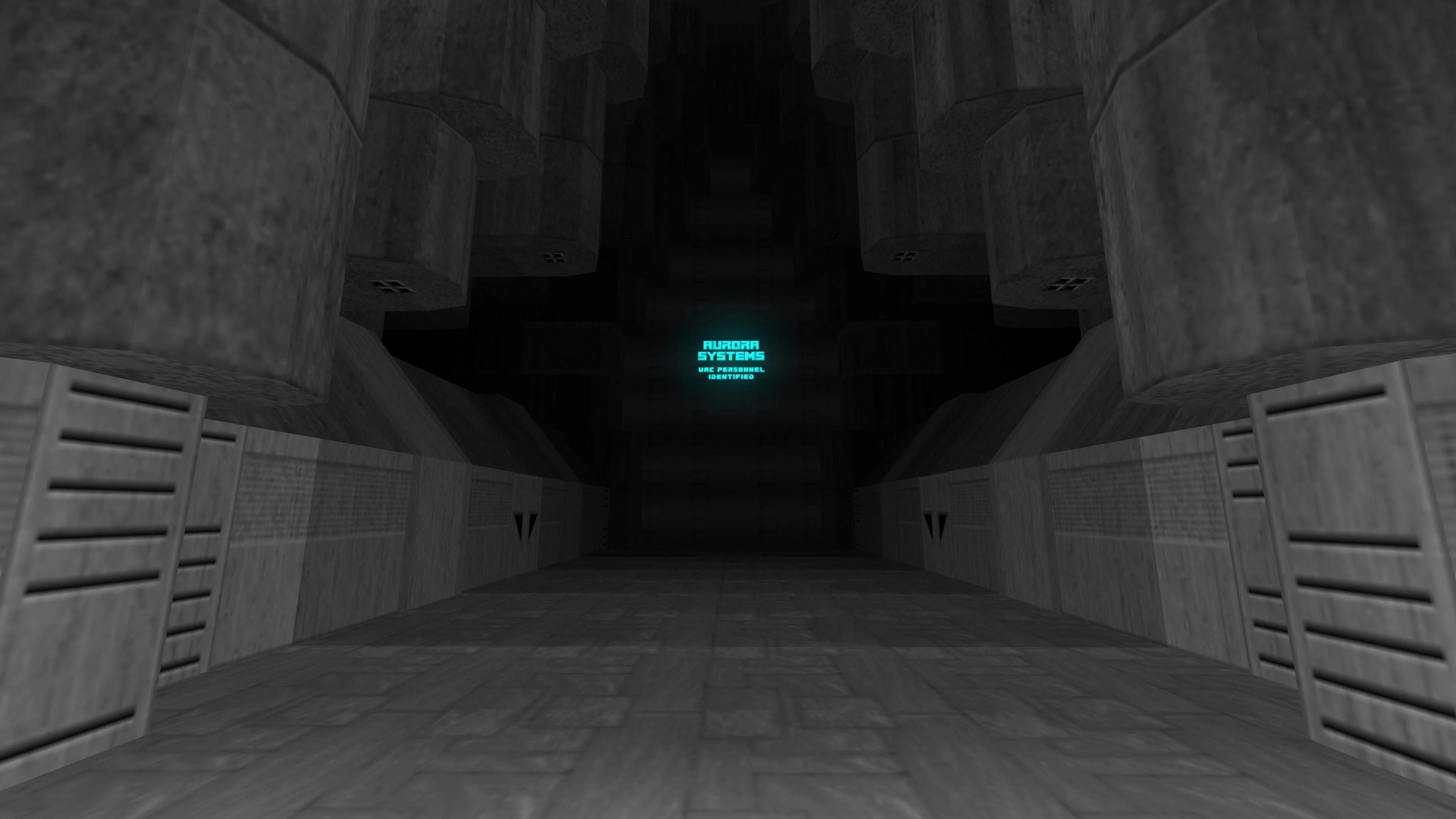 Темно-сірий індустріальний коридор з світиться блакитним знаком Aurora Systems у моді Winter's Fury для Doom II
