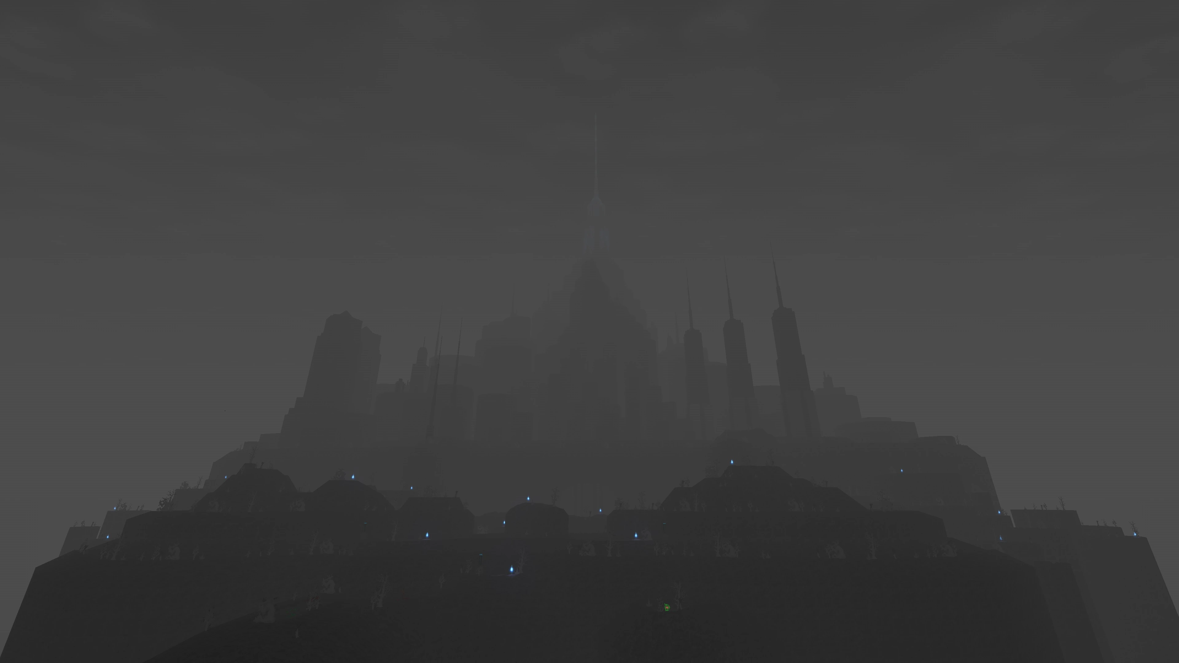 Темний туманний міський пейзаж з високими будівлями та світними синіми вогнями на пагорбах у моді Doom II