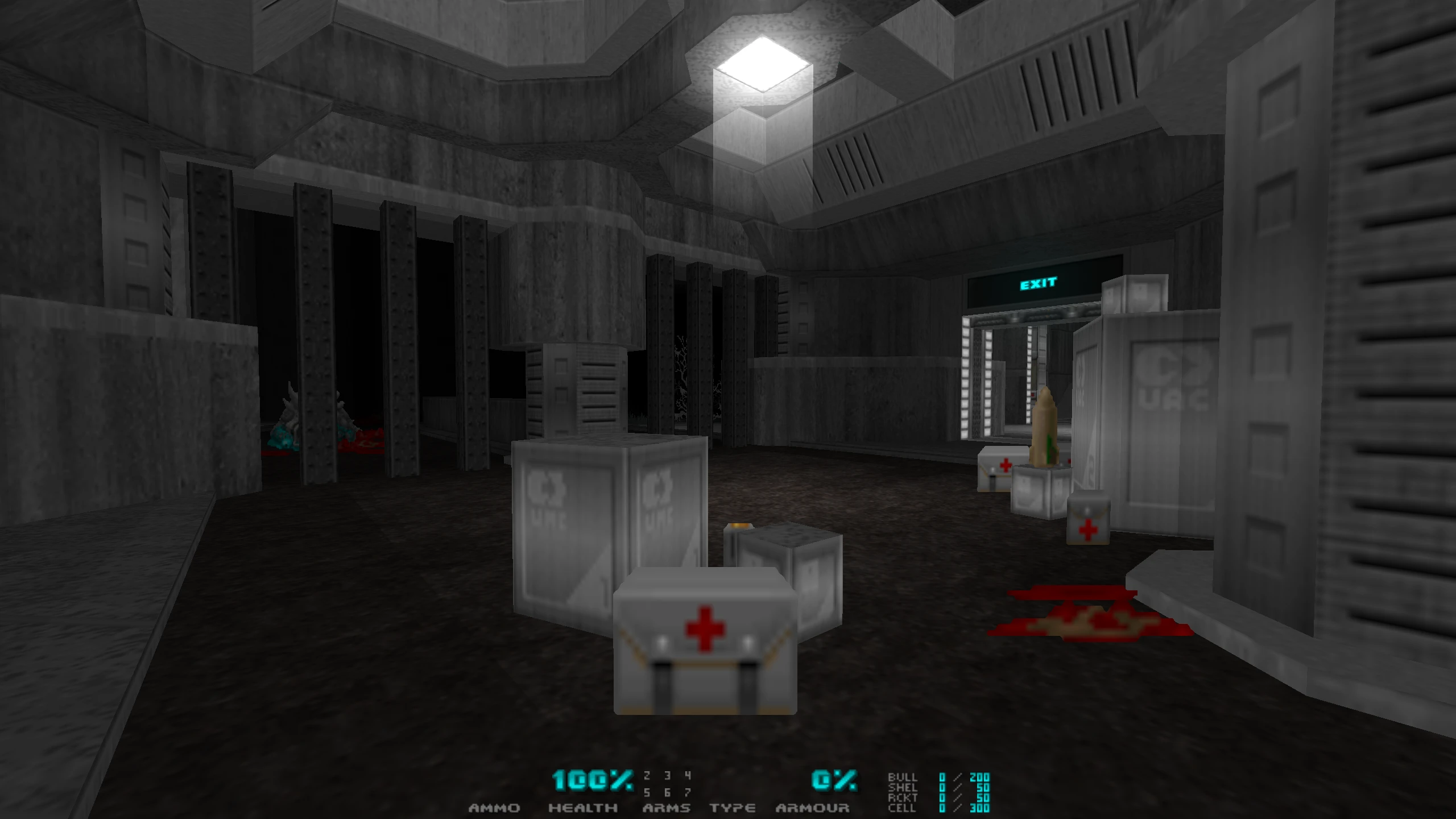 Скріншот з гри з тьмяно освітленою індустріальною зоною, аптечками та знаком виходу в моді Winter's Fury для Doom II