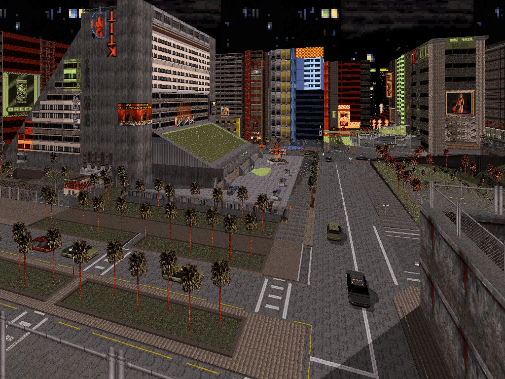 Entorno urbano nocturno con carreteras, palmeras, edificios y vehículos en el mod Duke Nukem 3D Blast Radius
