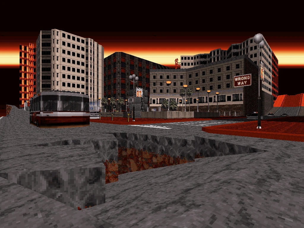 Paisaje urbano pixelado con carreteras dañadas y sol poniente en el mod Duke Nukem 3D Blast Radius
