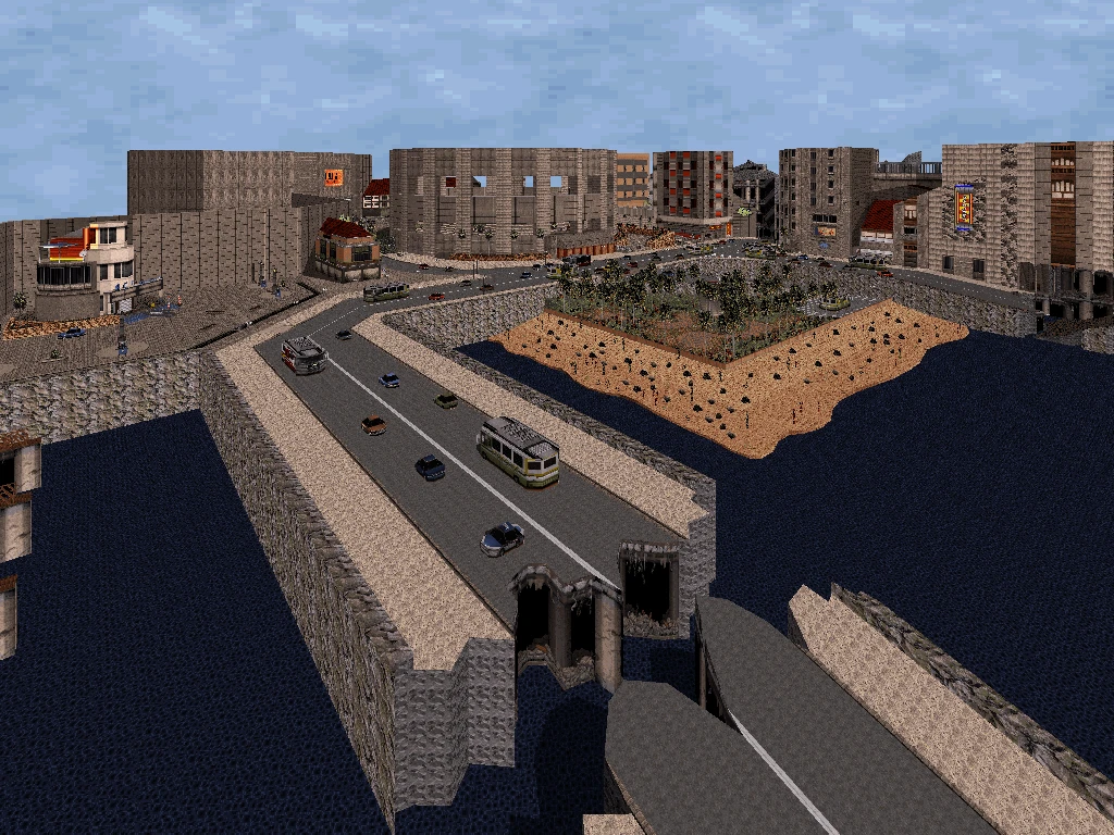 Escena del mod Duke Nukem 3D Blast Radius mostrando una ciudad detallada con carreteras, coches, puentes y agua