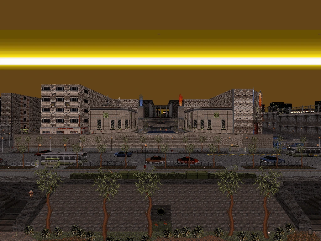 Captura de pantalla que muestra un entorno urbano con varios edificios, calles y vehículos del mod Blast Radius de Duke Nukem 3D