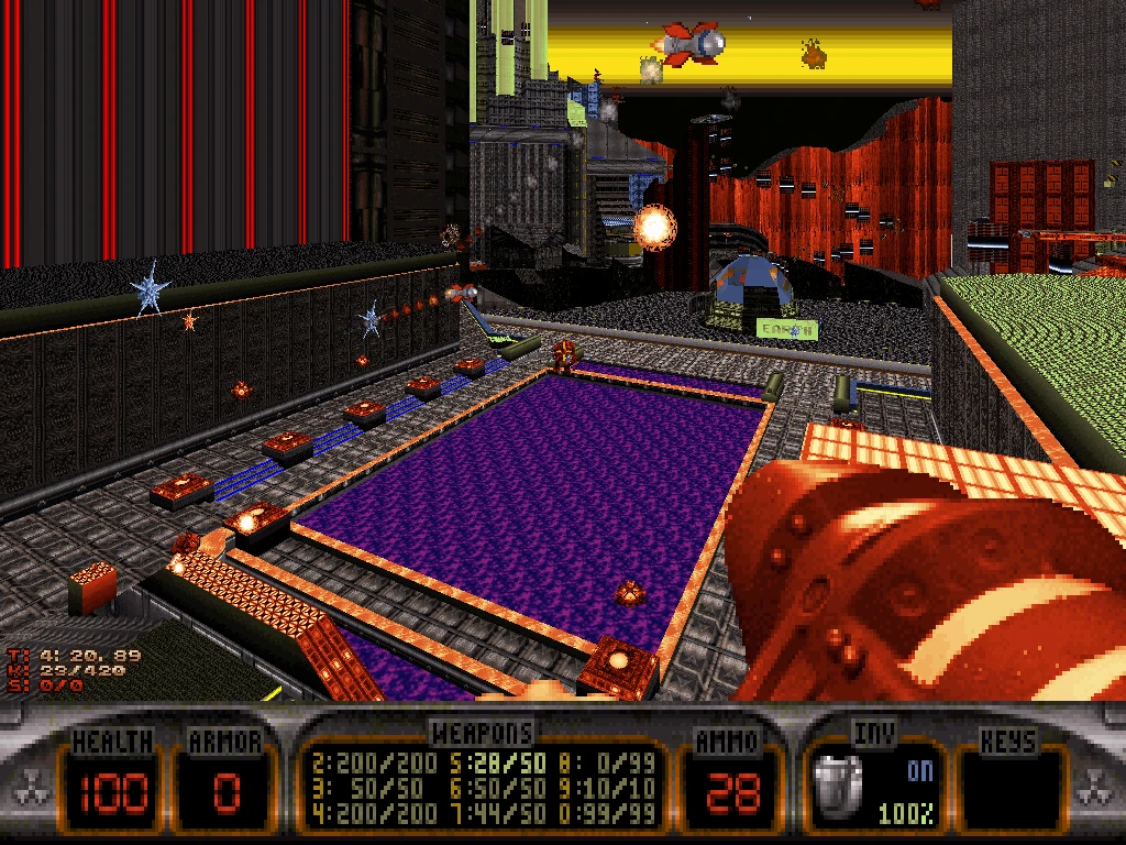 Captura de pantalla del mod Blast Radius en Duke Nukem 3D mostrando una amplia zona con efectos de explosión y HUD