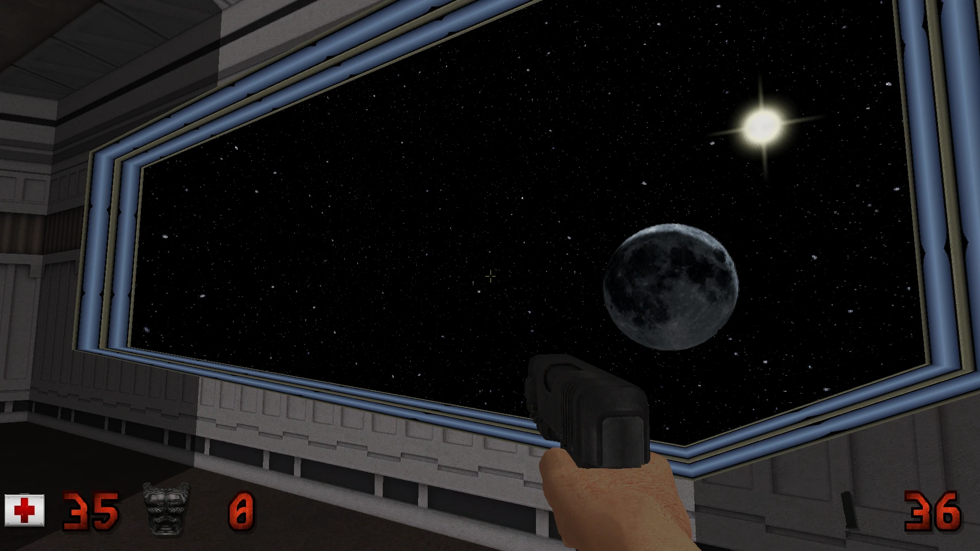 Spielszene aus Duke Nukem 3D High Resolution Pack mit Pistole, die auf den Sternenhimmel und Mond zielt