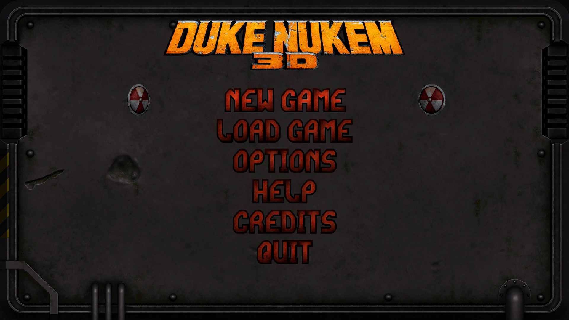 Duke Nukem 3D Hauptmenüoptionen auf dunklem industriellem Hintergrund mit hochauflösender Grafik
