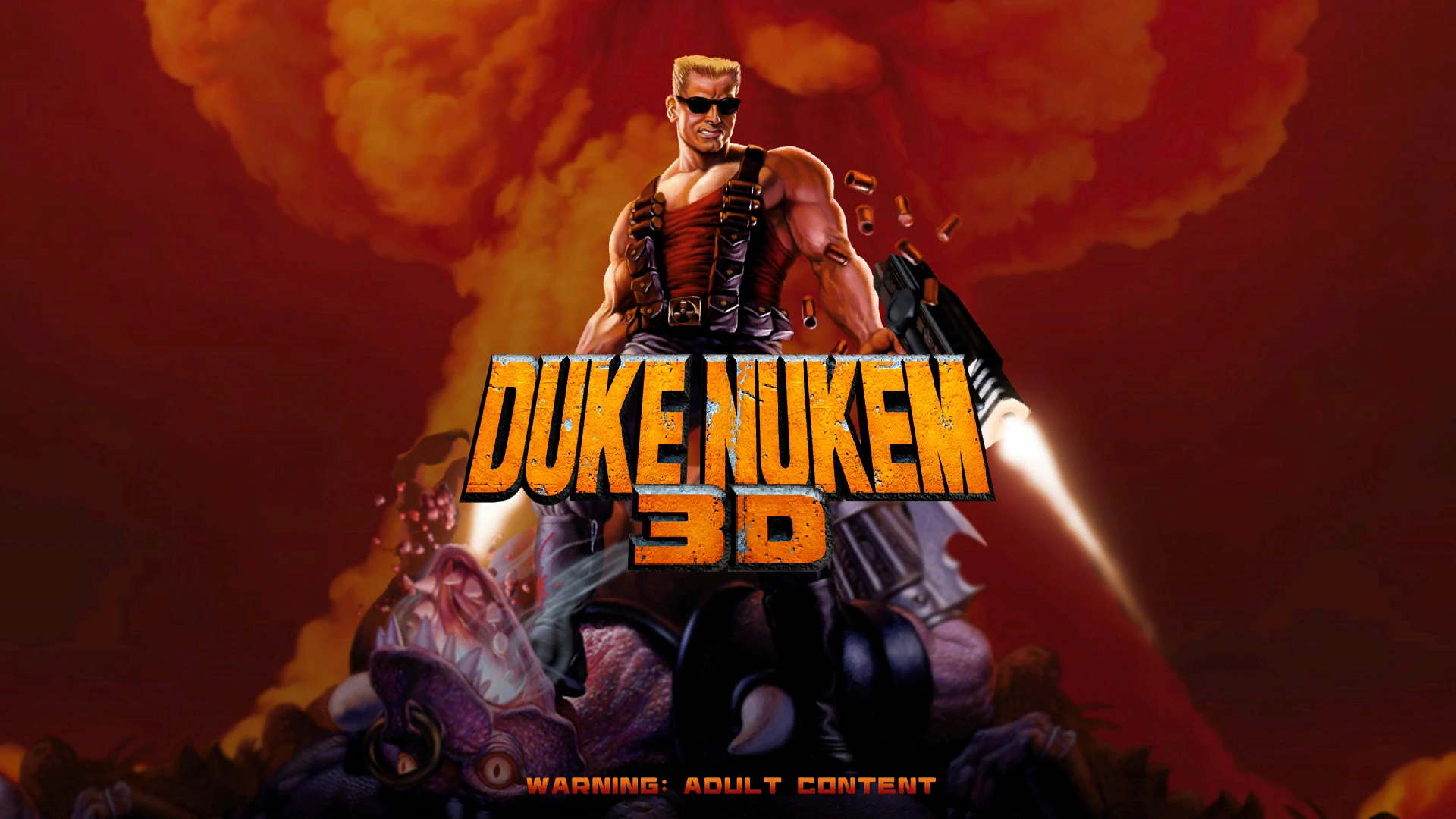 Duke Nukem Charakter mit Pistolen und Explosion im Hintergrund auf dem Spielcover