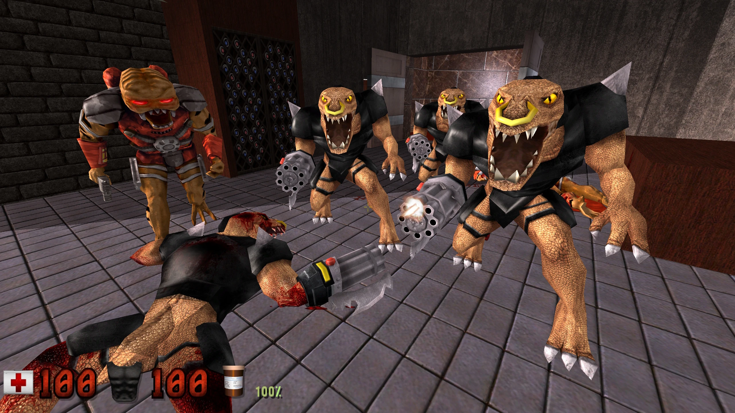 Vier detaillierte Duke Nukem 3D Monster in einem gefliesten Innenbereich mit Gesundheits- und Munitionsanzeige
