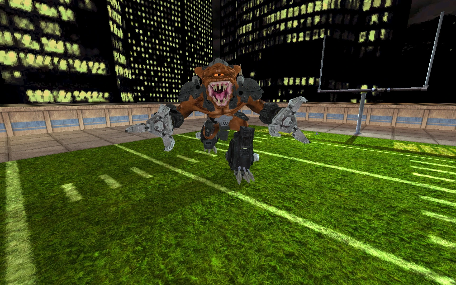Screenshot aus Duke Nukem 3D Mod zeigt detaillierten Alien-Mech-Gegner auf Sportplatz in Stadtansicht