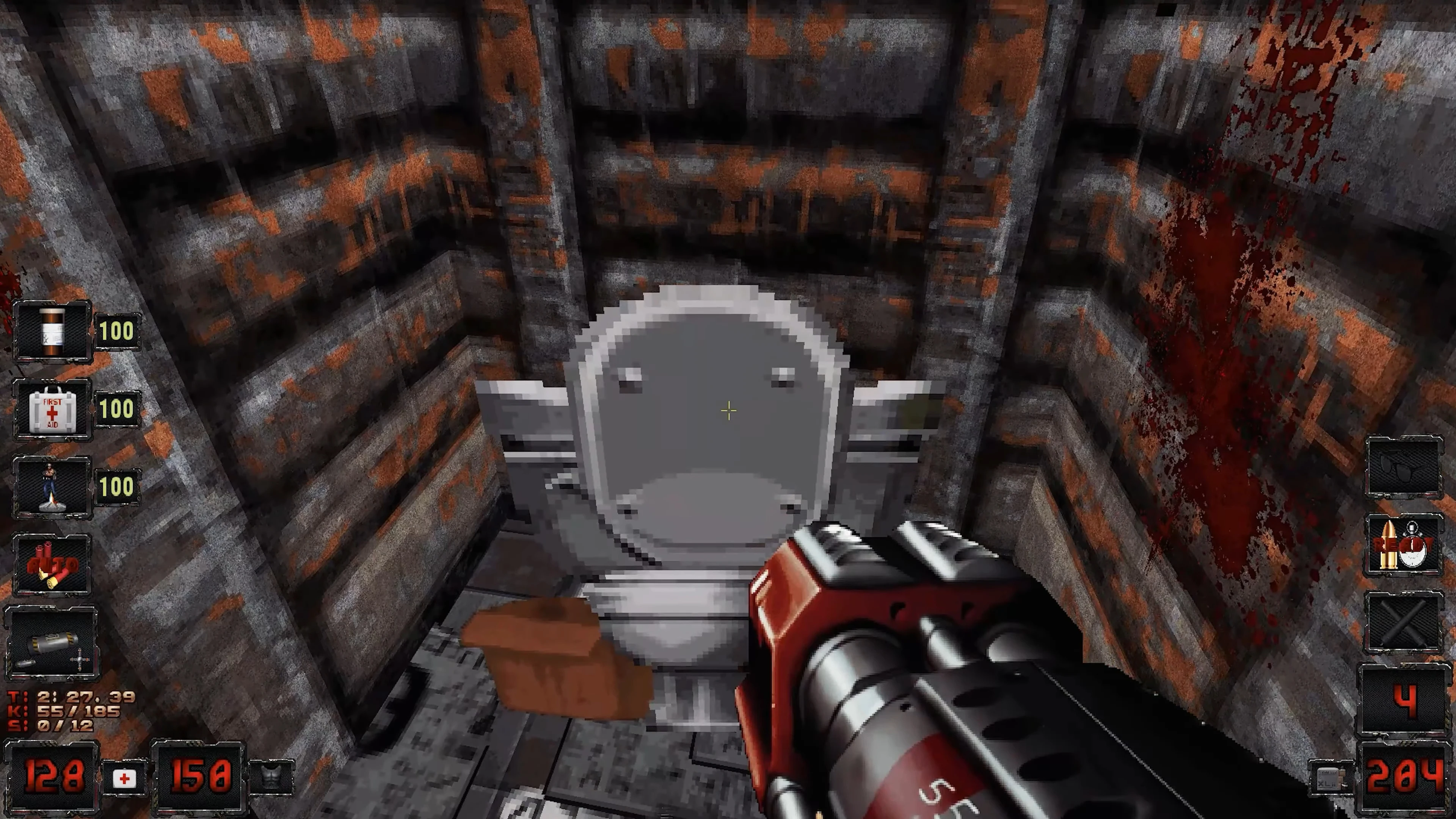 Escena del mod Duke Nukem 3D Savior of Babes que muestra un baño sucio con un inodoro manchado y un arma futurista visible
