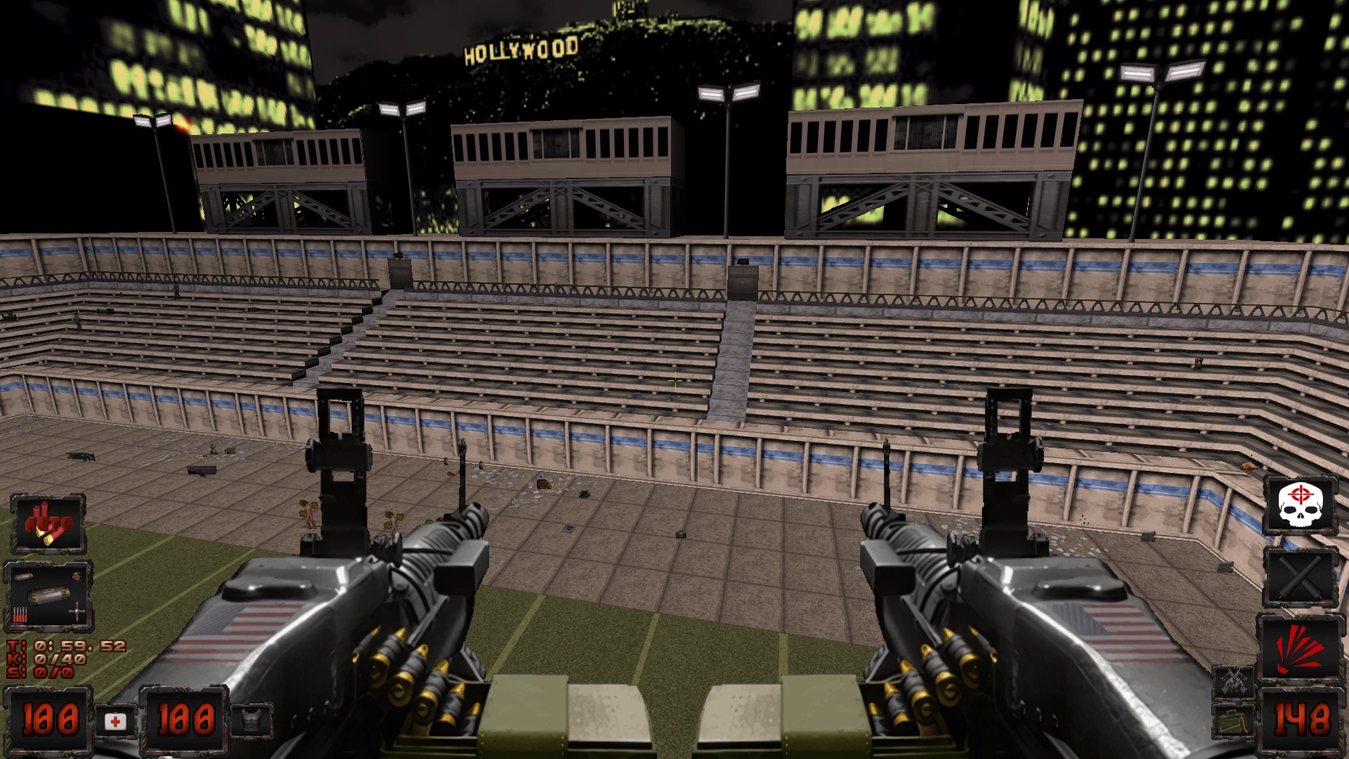 Vista en primera persona con ametralladoras duales en estadio Hollywood en mod Duke Nukem 3D Savior of Babes