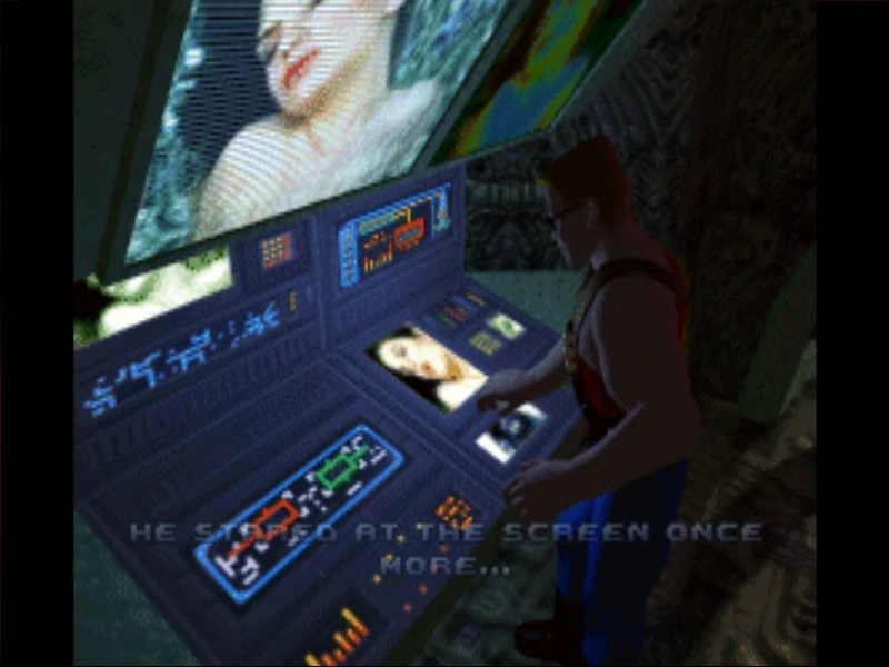 Duke Nukem 3D Spielszenen mit Figur an futuristischem Kontrollpanel mit Bildschirmen