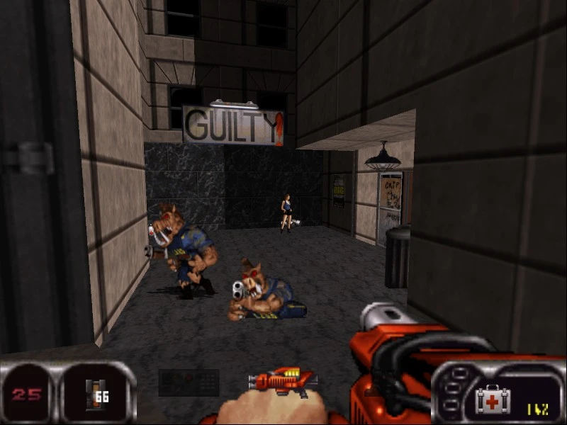 Gameplay-Screenshot zeigt Spieler, der bewaffnete Mutanten in einer dunklen Gasse vor Schild 'Guilty' im Duke Nukem 64 Mod schießt