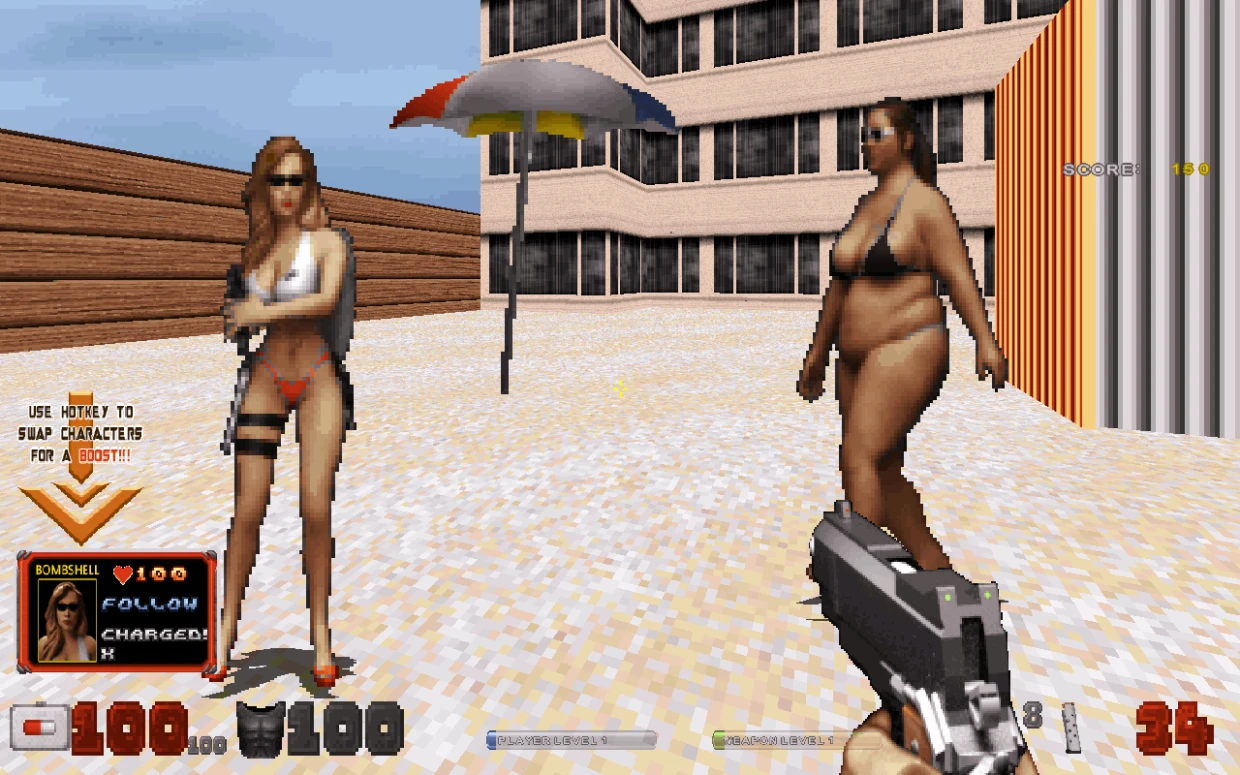 Erste-Person-Ansicht im Duke Nukem 3D Mod mit zwei Frauen in Bikinis an einem pixeligen Strand