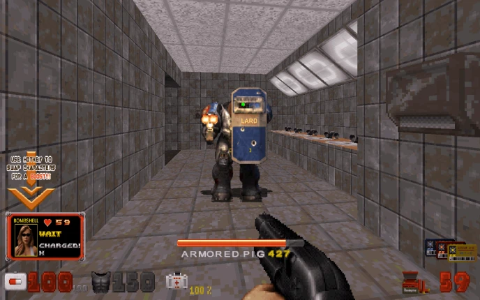 Erste-Person-Perspektive, Spieler schießt mit Schrotflinte auf Armored Pig Feind mit Lebensbalken im Alien Armageddon Mod von Duke Nukem 3D