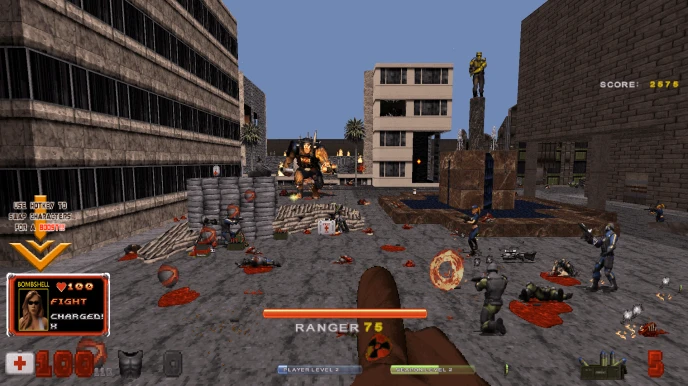 Erste-Person-Perspektive einer Stadtschlacht mit Soldaten gegen einen riesigen Alien im Duke Nukem Alien Armageddon Mod