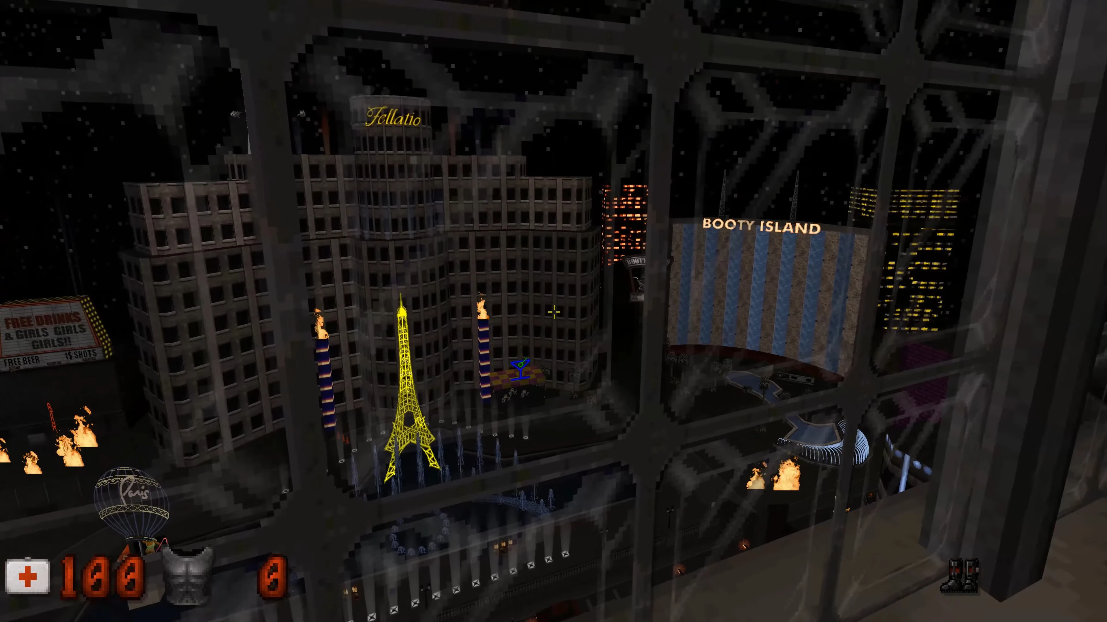 Вид пиксельного ночного города с зданиями с надписями Fellatio и Booty Island в моде Duke Nukem Forever 2013