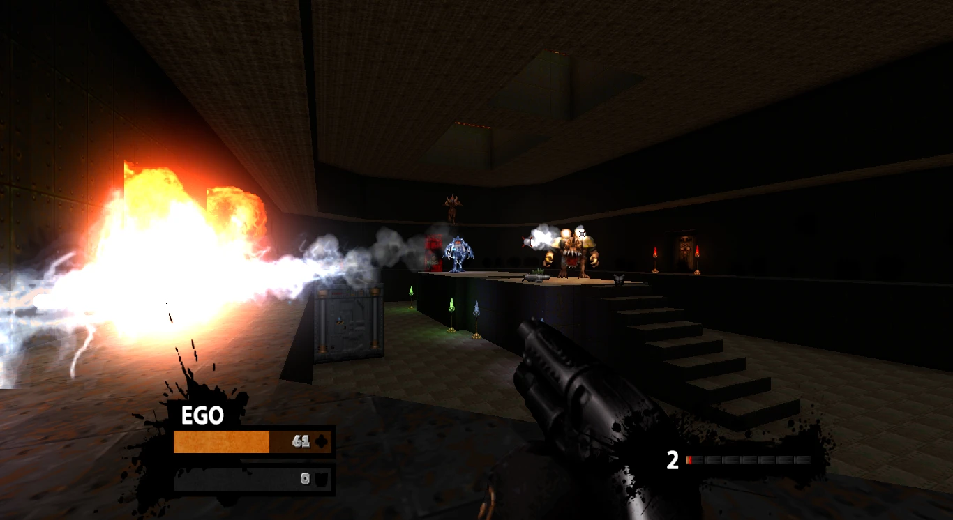 Player shooting a large monster with a shotgun indoors in Duke Nukem 3D mod Weapon of Mass Destruction