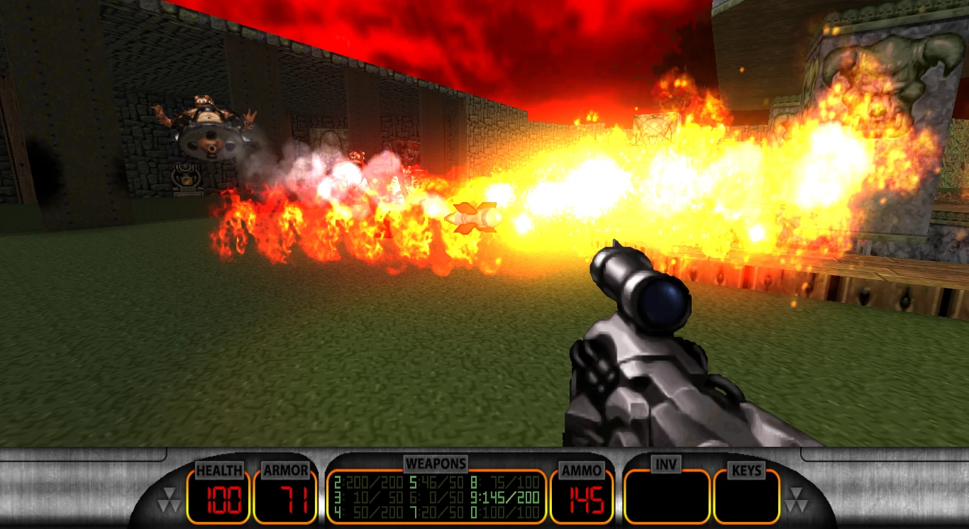 First-person view of firing a flamethrower weapon causing fire and enemies flying in Duke Nukem 3D mod