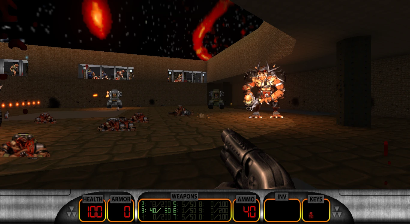 First-person view showing player holding a shotgun confronting large boss monster and turrets in a dark arena